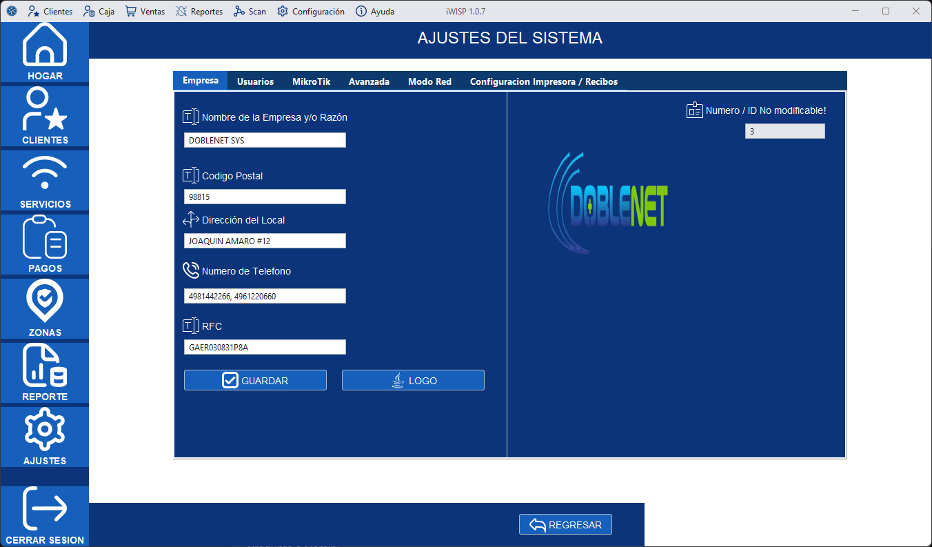 Pantalla de Ajustes de Empresa