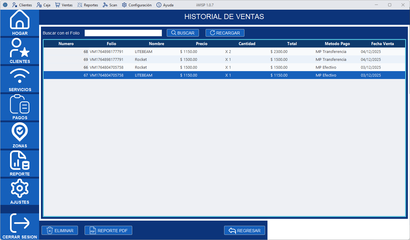 Panel historial ventas
