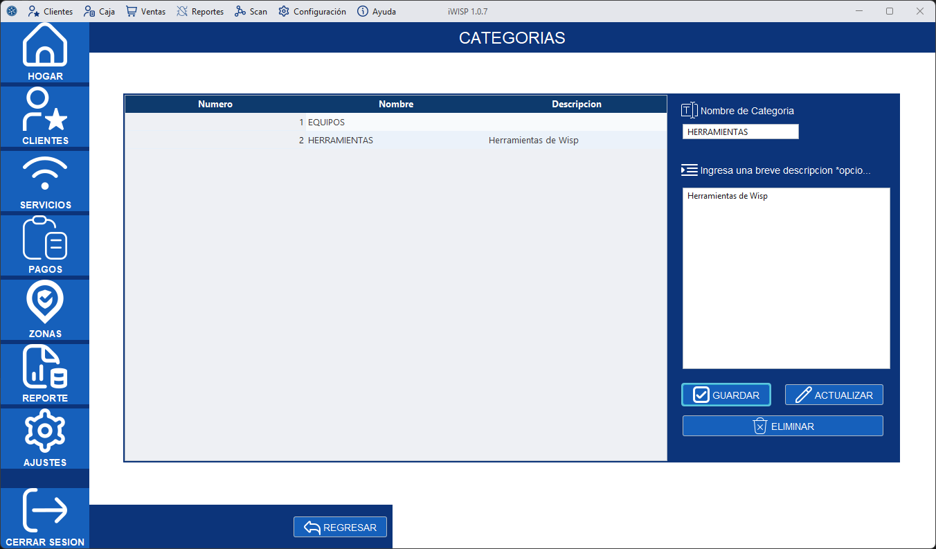 Panel de categorías