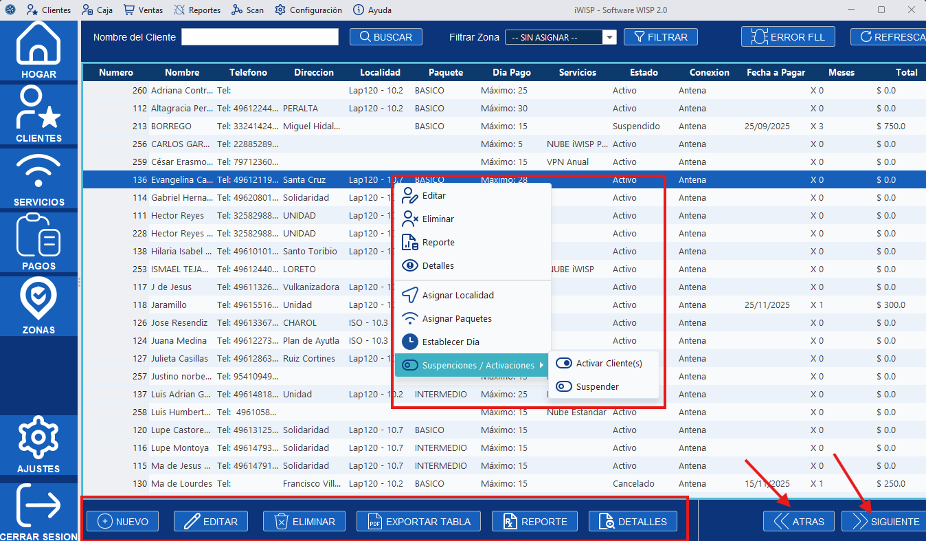 Panel de clientes