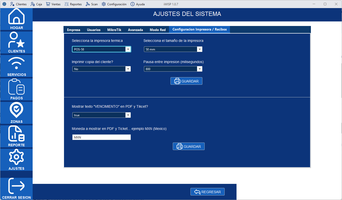Panel de Configuración de Impresora