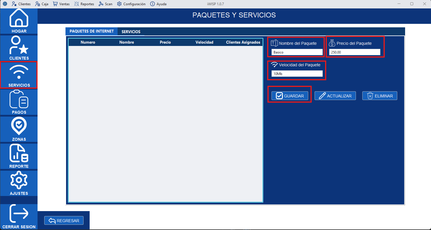 Panel de servicios y paquetes