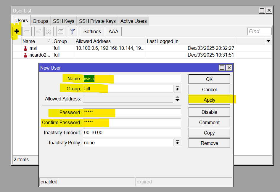 Agregar usuario Mikrotik